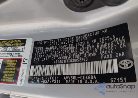 2012 Toyota Camry Hybrid Xle z USA, uszkodzony, nr VIN 4T1BD1FK3CU052260